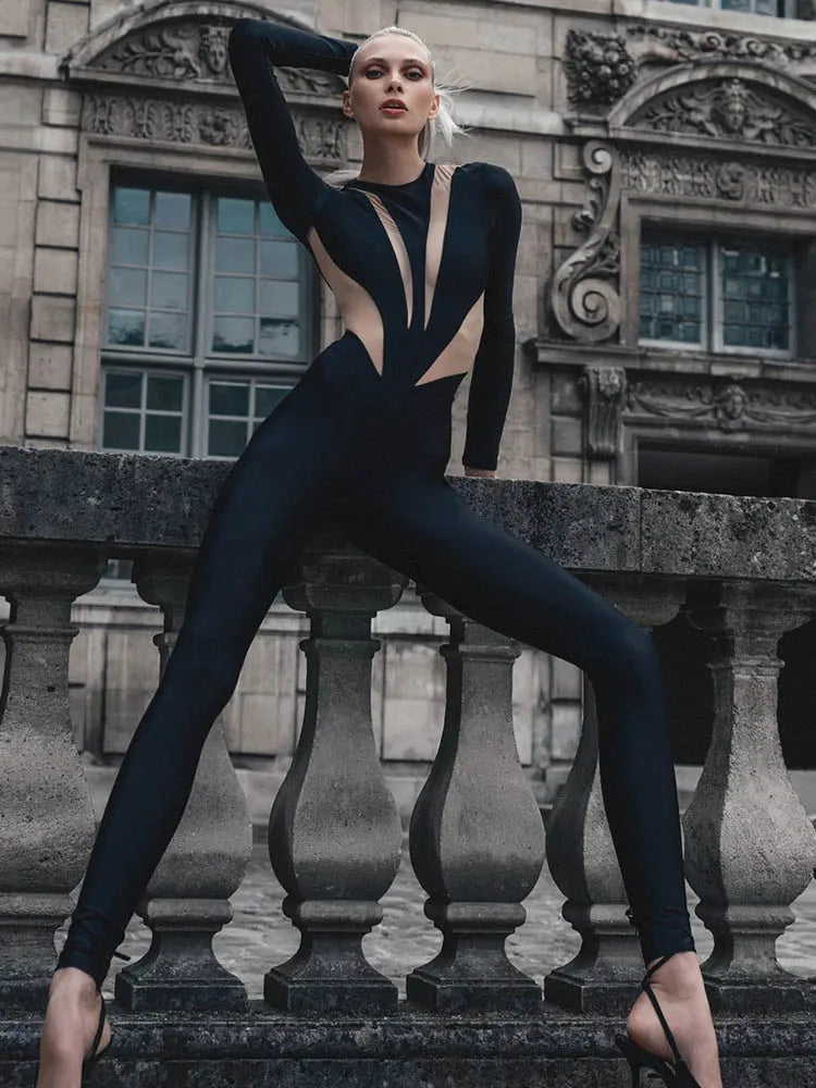 Huhugirl Sexy Mesh Patchwork Rompers Women Jumpsuits Fashion O Neck Long Sleeve Skinny Black Jumpsuits Female One Piece Overalls