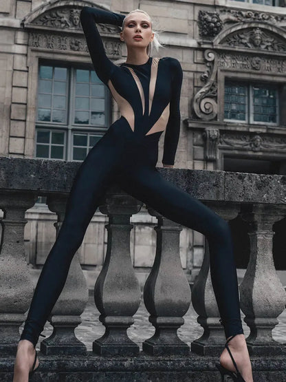 Huhugirl Sexy Mesh Patchwork Rompers Women Jumpsuits Fashion O Neck Long Sleeve Skinny Black Jumpsuits Female One Piece Overalls