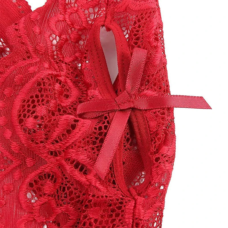 Women's Plus Size Babydoll Chemises Erotic Lingerie Sexy Crotchless Bodysuit Temptation Pajamas Lace V Neck Mini Baby Doll Dress