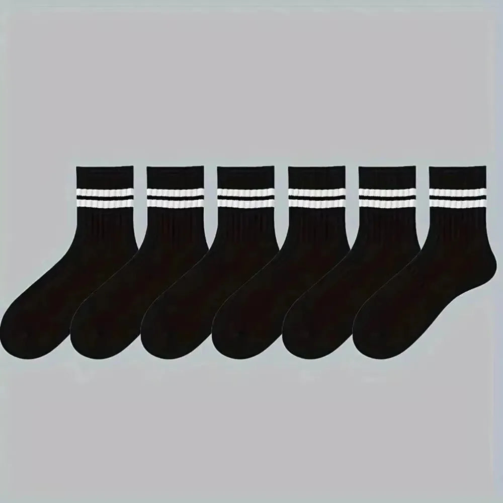 6 Pairs Men's Socks Spring Autumn Simple Casual Black White Striped Socks Breathable Mid Tube Sock High-quality Round Neck Socks