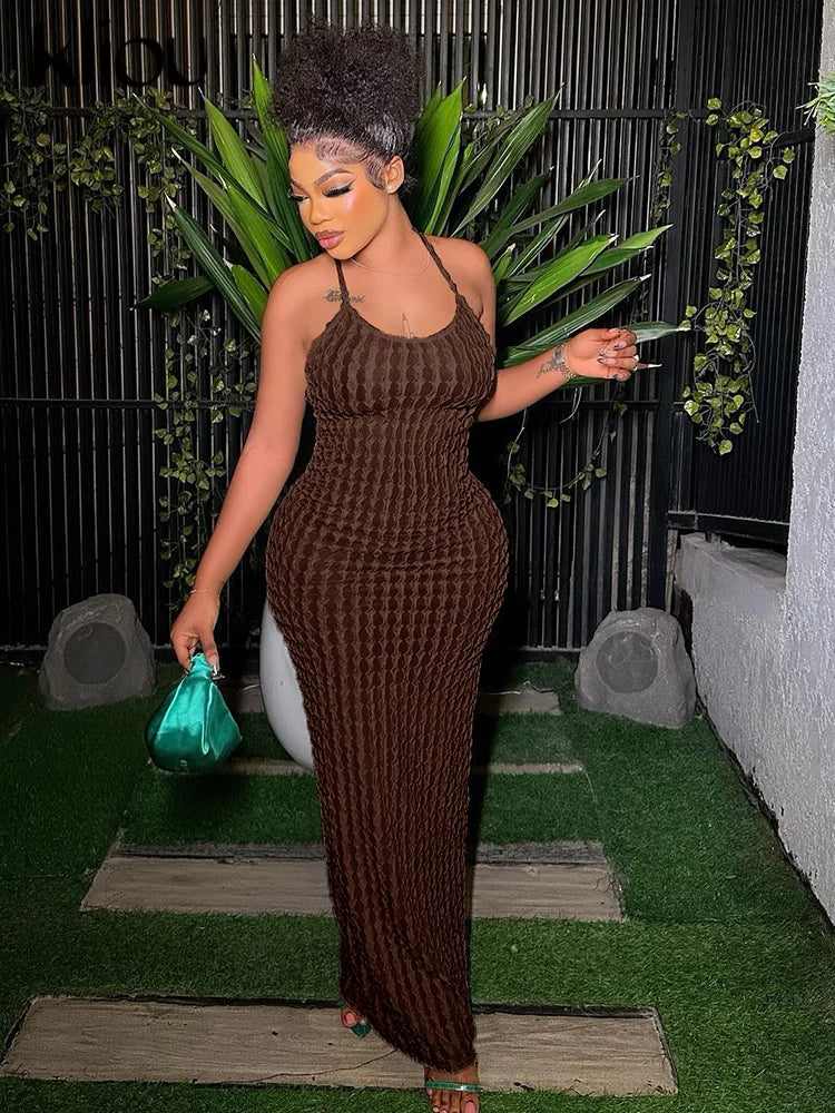 Kliou Solid Ruched Spaghetti Strap Bandage Maxi Dress Women Casual Sleeveless Backless Bodycon Ladies Party Streetwear Dresses