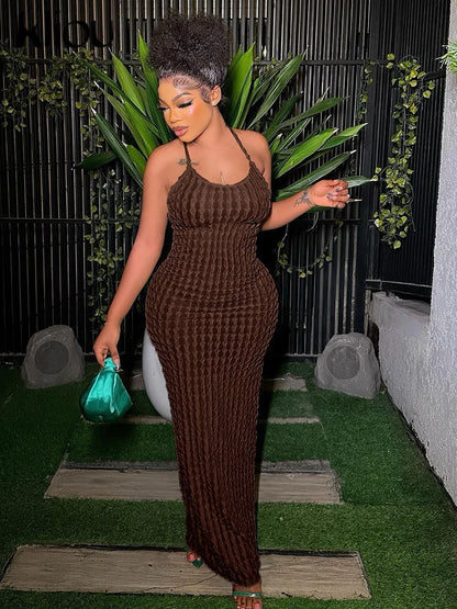 Kliou Solid Ruched Spaghetti Strap Bandage Maxi Dress Women Casual Sleeveless Backless Bodycon Ladies Party Streetwear Dresses