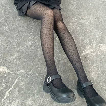 Vintage Women Sexy Thin Transparent Silky Pantyhose Gothic Black Sexy Leopard Animal Pattern Sheer Tights Seamless Stockings