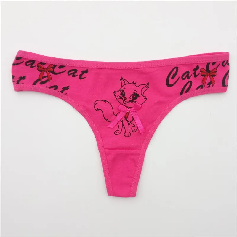 Sexy Thong 5 Pcs for Women Girls Cotton G-Strings Ladies Panties,Cute Cat Print Thongs