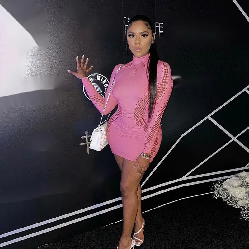 Women Sexy Hollow Out Mini Dress Mesh Long Sleeve Seamless Party Clubwear Bodycon Cutout Mini Dress