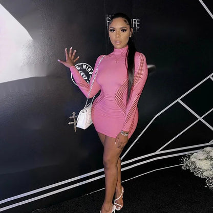 Women Sexy Hollow Out Mini Dress Mesh Long Sleeve Seamless Party Clubwear Bodycon Cutout Mini Dress