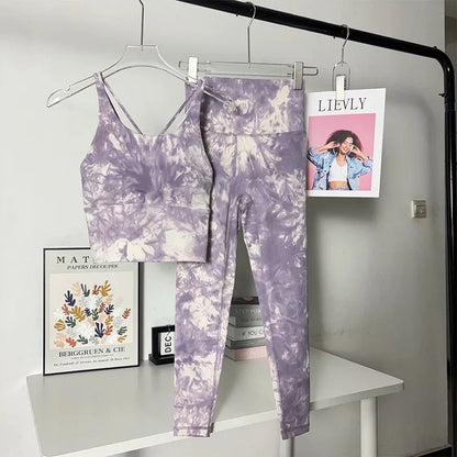 Tie-dye yoga suit set women's cross beauty back shockproof sports bra high-end vest two-piece gym suit