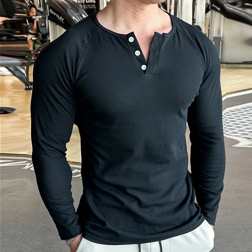 Men Sports High-Elastic Fitness Long Sleeve T-Shirt Autumn New Slim Fit Henley Collar Tshirt Men Streetwear Casual T-Shirt