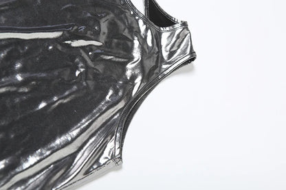 Sisterlinda Silky Shiny Playsuits Fashion Solid Stunning Reflective O-neck Backless Sleeveless Slim Rompers Mujer Party Clubwear