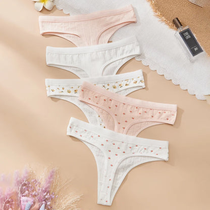 Sexy Women's Cotton Thong Panties 5pcs Low Rise Soft Comfortable Underwear Breathable Ladies Panties Bowknot for Everyday Wear