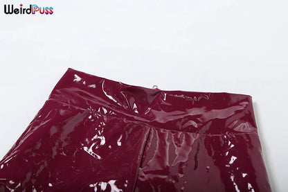 Weird Puss Faux Leather 2 Piece Set Women Sexy Low-Neck Halter Sleeveless Bodysuit+Zipper Waist Stretch Pant Clubwear Trend Suit