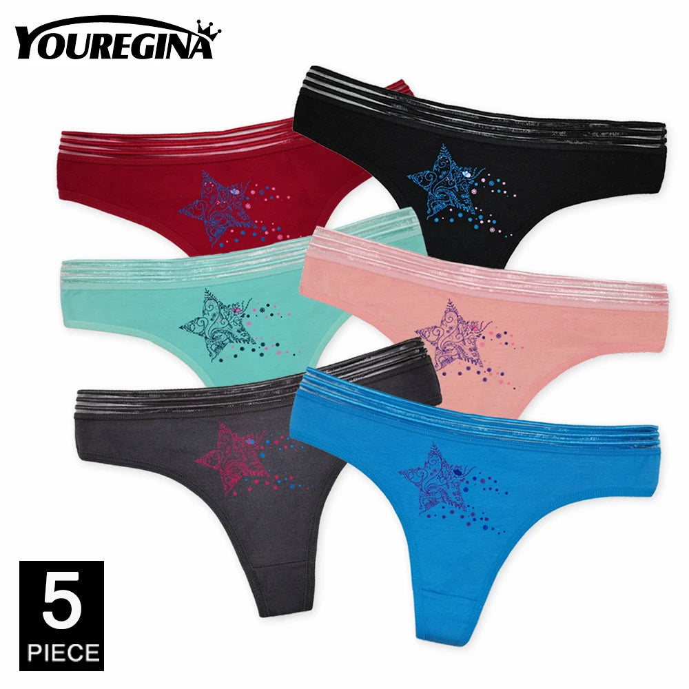 Sexy Women's Thong Cotton G Strings Panties for Ladies Dot Star Printed Tanga Girls Underwear Intimate Underpants 5 pcs/lot