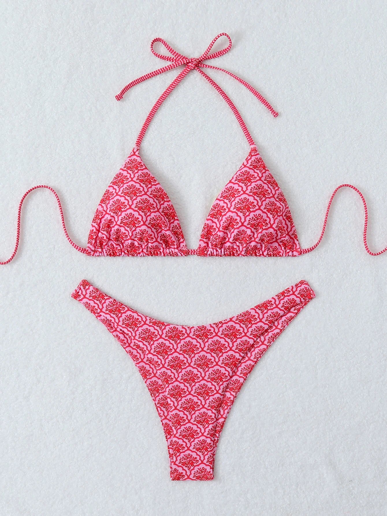 Summer retro floral print 2-piece bikini lace up swimsuit sexy high waisted women's swimsuit