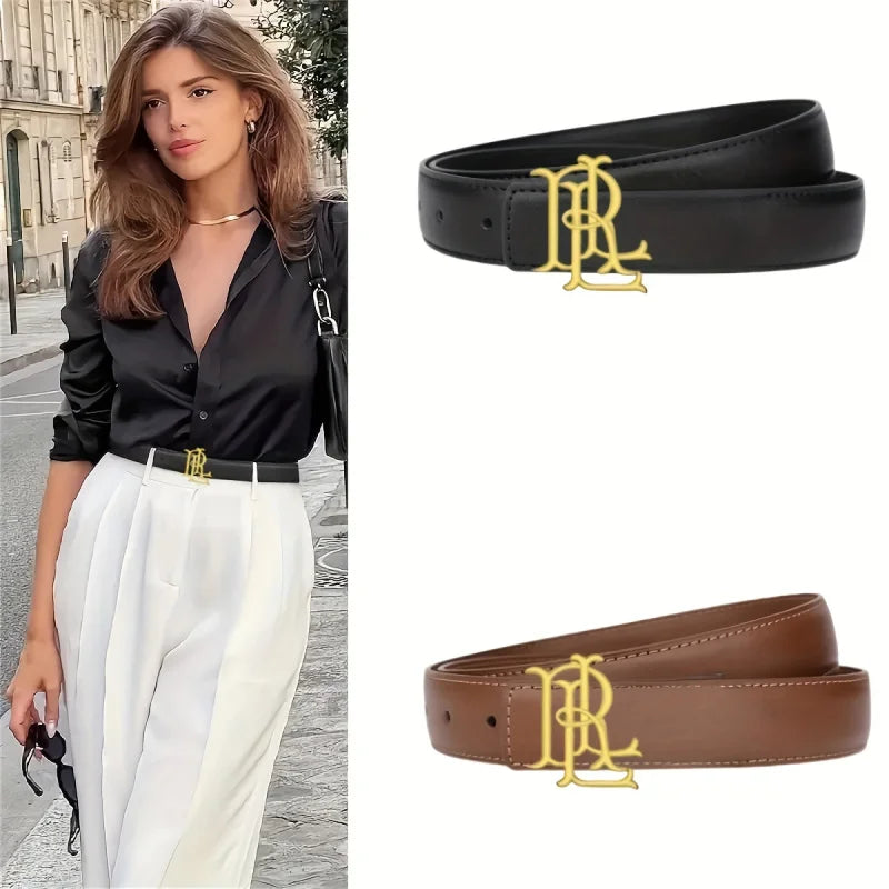 Women’s Elegant Gold Letter Belt - A luxurious brown-black belt with a gold buckle. Suitable for casual to formal outfits, an al
