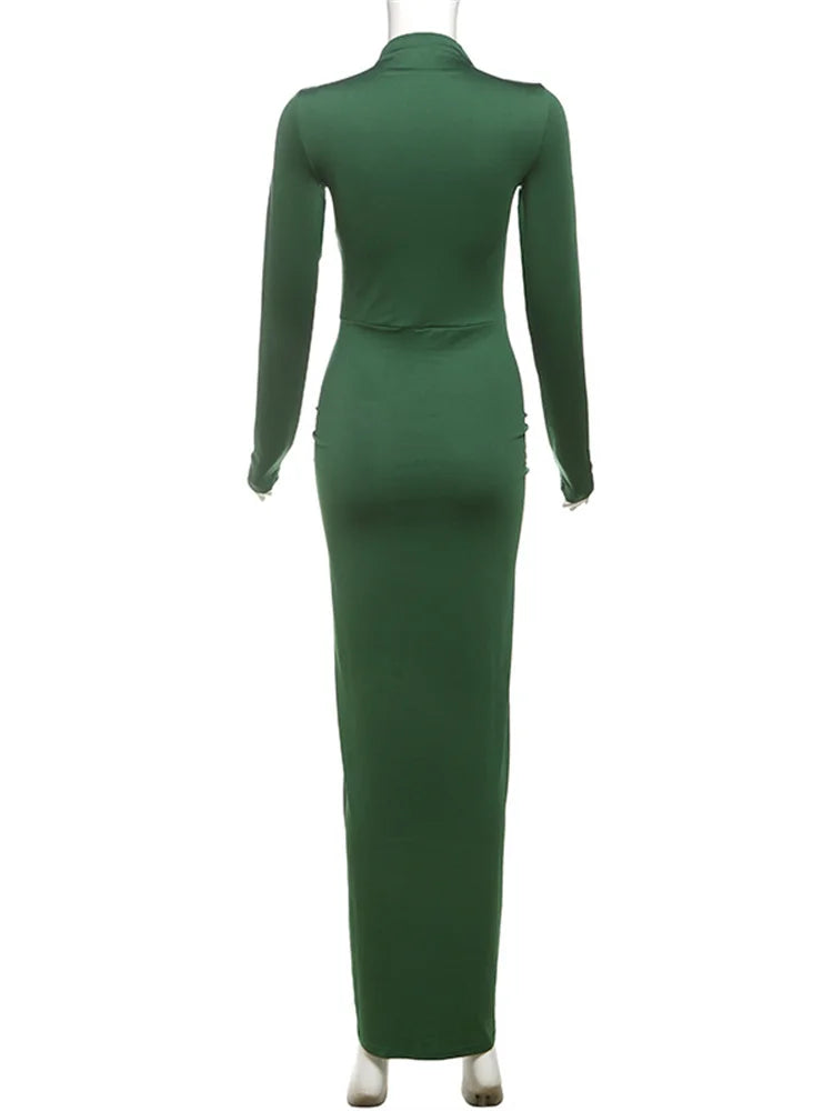 Kliou Shirring Women Classic Maxi Dress Autumn New Solid Long Sleeve High Collar Body-shaping Vestidos Mujer Concise Trend Robe