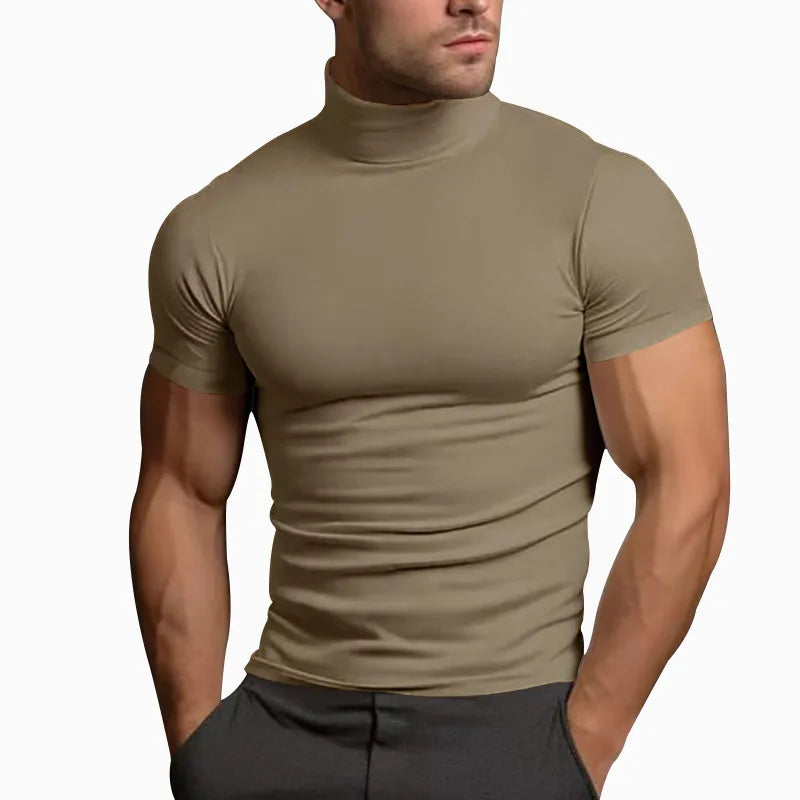 Cross-border Amazon summer solid color short-sleeved fashion bottoming shirt men's tight turtleneck T-shirt