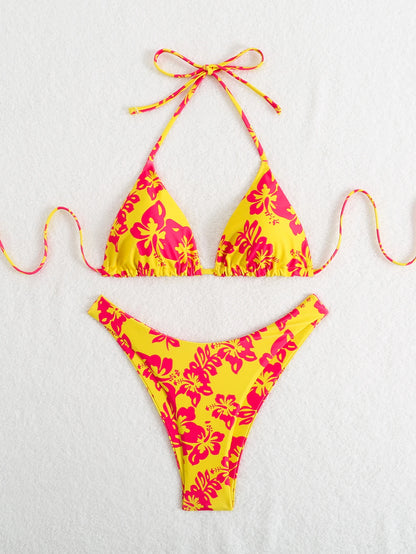 Summer retro floral print 2-piece bikini lace up swimsuit sexy high waisted women's swimsuit