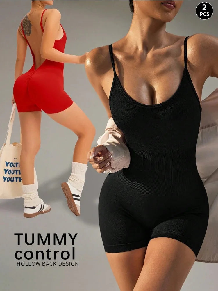 Women's Solid Color Cross Back Yoga Everyday Fitness Romper Shorts Workout