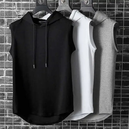 Men Tie Collar Hooded Sleeveless Vests Male Summer Loose Solid Hip Hop Tee Shirt Tops