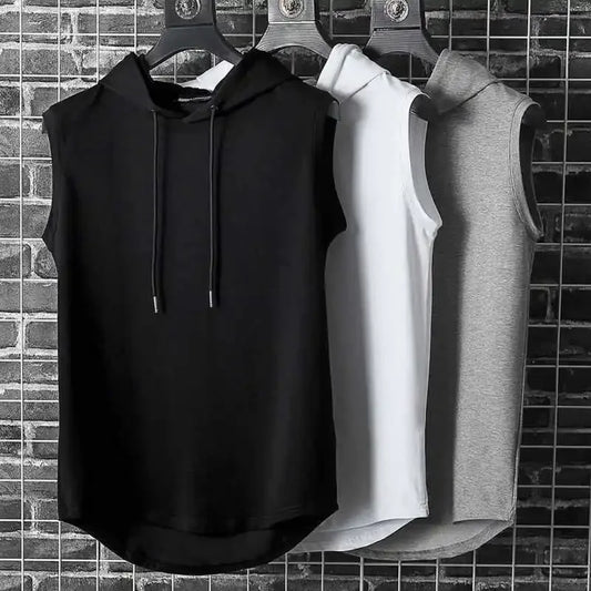 Men Tie Collar Hooded Sleeveless Vests Male Summer Loose Solid Hip Hop Tee Shirt Tops
