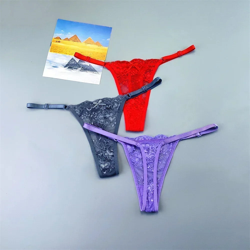 3PCS Adjustable Sexy Transparent Thong Panties Women Lace Underwear Low Waist Female T-back String Underpants