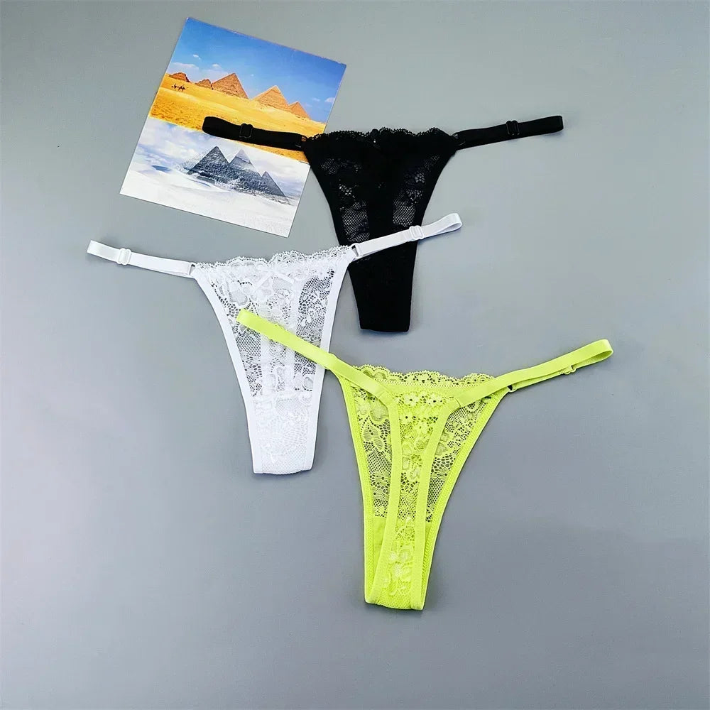 3PCS Adjustable Sexy Transparent Thong Panties Women Lace Underwear Low Waist Female T-back String Underpants
