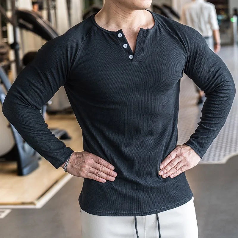 Men Sports High-Elastic Fitness Long Sleeve T-Shirt Autumn New Slim Fit Henley Collar Tshirt Men Streetwear Casual T-Shirt