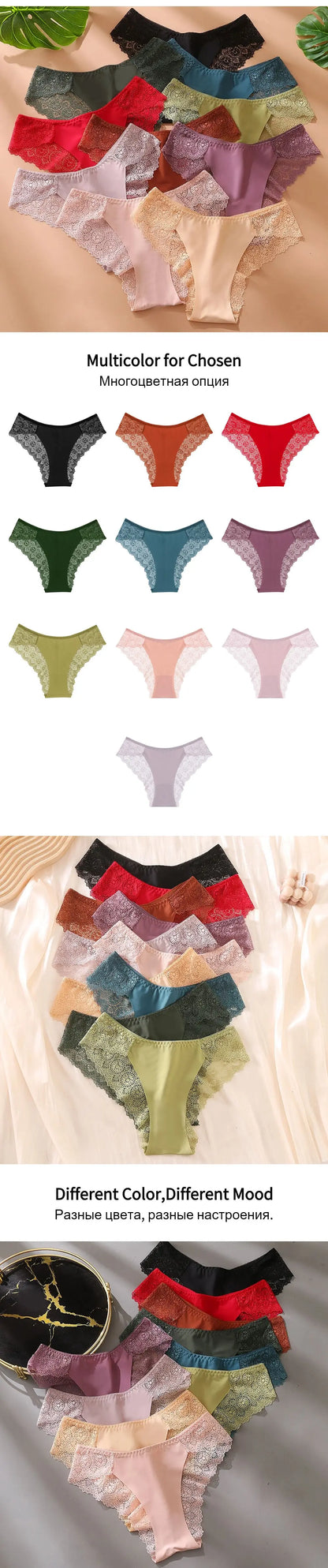 WarmSteps 3Pcs/Set Women's Lace Panties Briefs Solid Ice Silk Lingerie Female Underpanties Underwear for Woman Low Rise Briefs