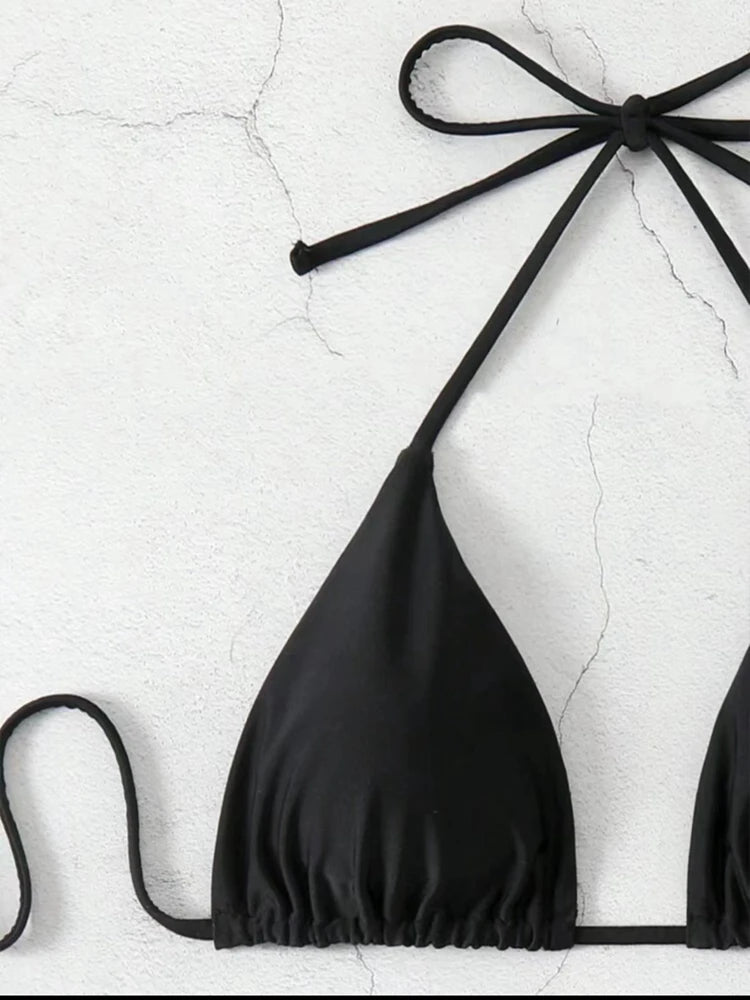 Women Thong Bikini Sexy Solid White/Black/Coffee Halter Swimsuit Lace Up Brazilian Bathing Suit New Double Fabric Beachwear