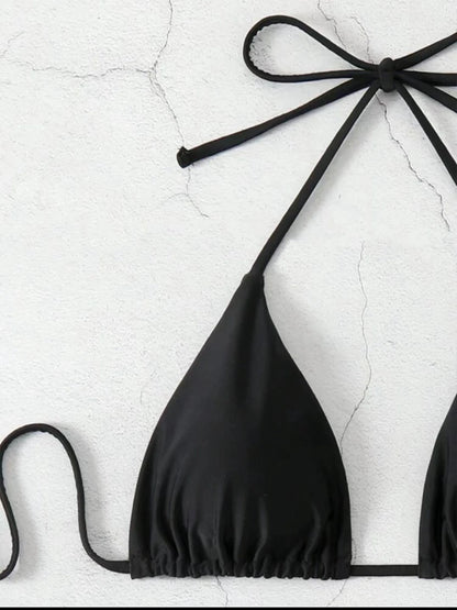 Women Thong Bikini Sexy Solid White/Black/Coffee Halter Swimsuit Lace Up Brazilian Bathing Suit New Double Fabric Beachwear