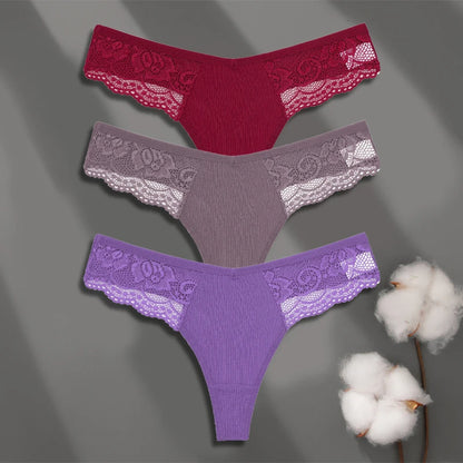 FINETOO 3Pcs Women's Cotton Underwear Lace Thongs Sexy Solid Color Low Waist Bikini Panties Ladies Breathable G-string Lingerie