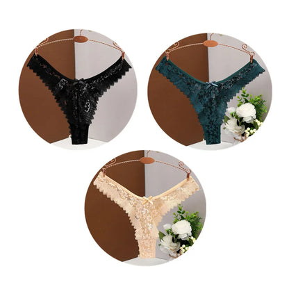 3PC Sexy T Back Woman Thong Panty Mid Waist Lace Panties Transparent Underwear "V-shape" Girls Erotic Panty