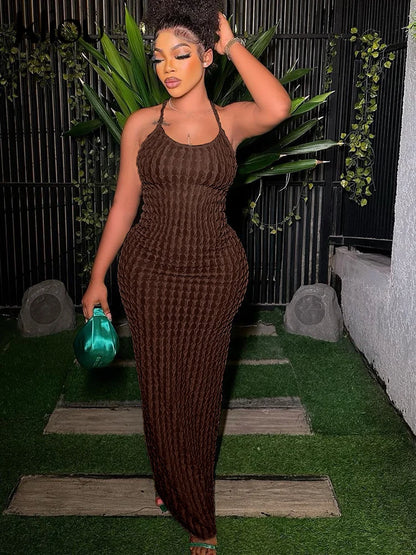 Kliou Solid Ruched Spaghetti Strap Bandage Maxi Dress Women Casual Sleeveless Backless Bodycon Ladies Party Streetwear Dresses