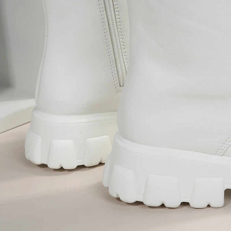 Autumn Winter PU Leather White Ankle Boots Motorcycle Botines Female Chunky Heels Platform Boots Botas Mujer
