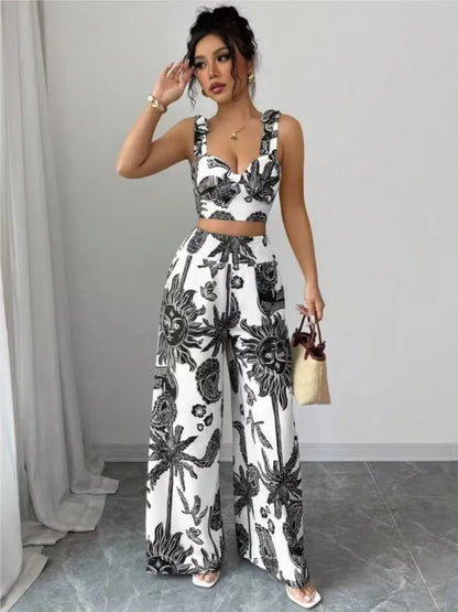 Sexy Strapback Halter Tops Long Pants Female 2-piece Set Summer Fashion Printed Wide-leg Pocket Trousers Elegant Women's Suit
