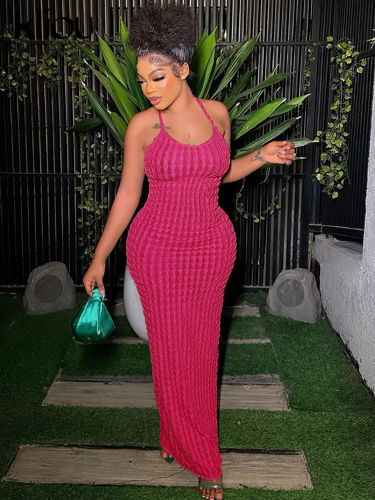 Kliou Solid Ruched Spaghetti Strap Bandage Maxi Dress Women Casual Sleeveless Backless Bodycon Ladies Party Streetwear Dresses