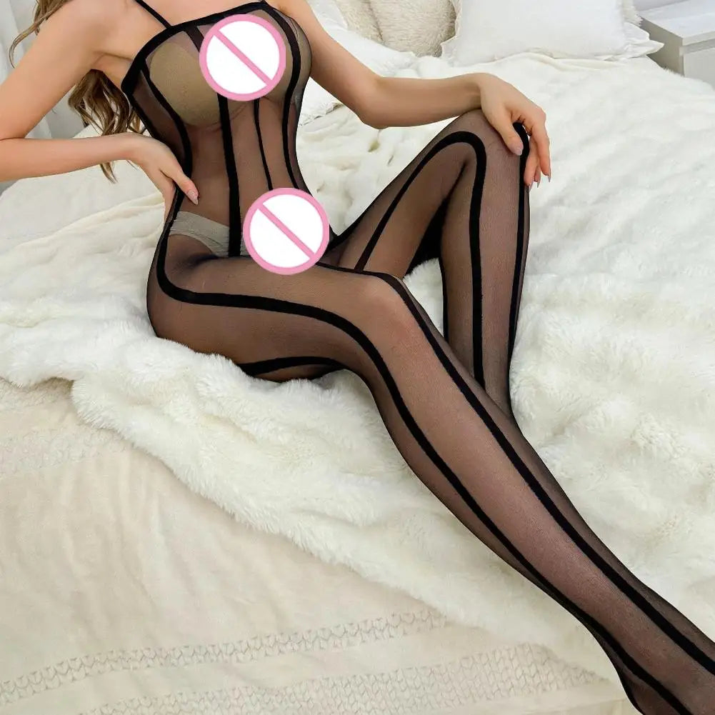 Lingerie Sets Sexy High Elastic Semi-Sheer Vertical Stripe Bodysuit Women Camisole Body Stocking Skinny Fitted Silk Stockings