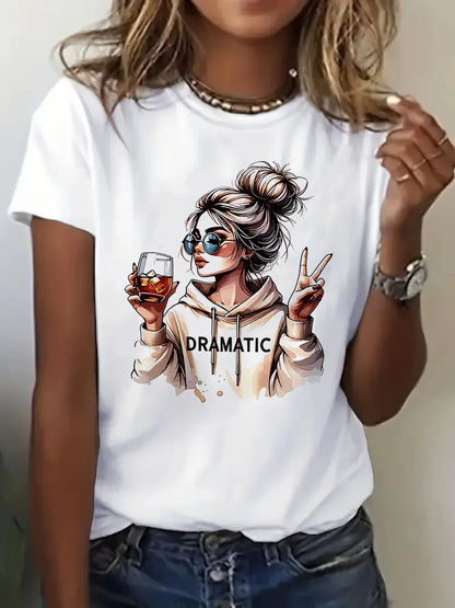 Streetwear 90s Women'S Casual Graphic T-Shirt  "Dramatic" Print with Wine Print Short Sleeve T Shirt Clothing Top Tee