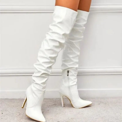 Red Women Over The Knee Boots High Heels Patent Leather Solid Pointed Toe Stiletto Side Zipper Sapatos Femininos