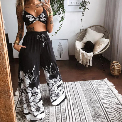 Sexy Two Piece Set Women Outfit 2025 Summer Butterfly Print V-Neck Cropped Top High Waist Drawstring Casual Wide Leg Pants Sets