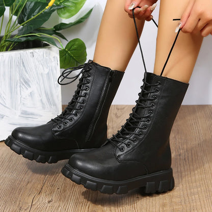 Autumn Winter PU Leather White Ankle Boots Motorcycle Botines Female Chunky Heels Platform Boots Botas Mujer