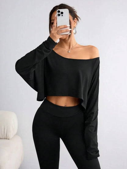 Women'S Black Long Sleeve Blouse T-shirt Casual Asymmetrical Neck Strapless Top for Sporty