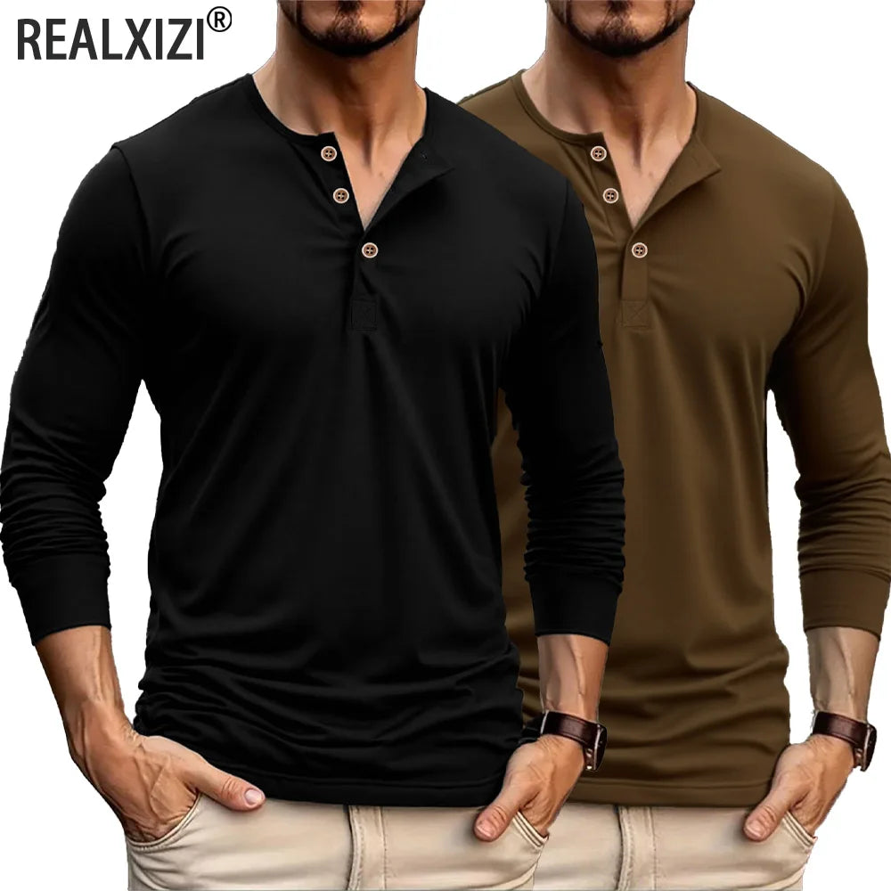 Autumn Men Button Long Sleeve Henley Neck T-Shirt Solid Color Casual Breathable Tops Street Tees Versatile Fashion Slim T-Shirts