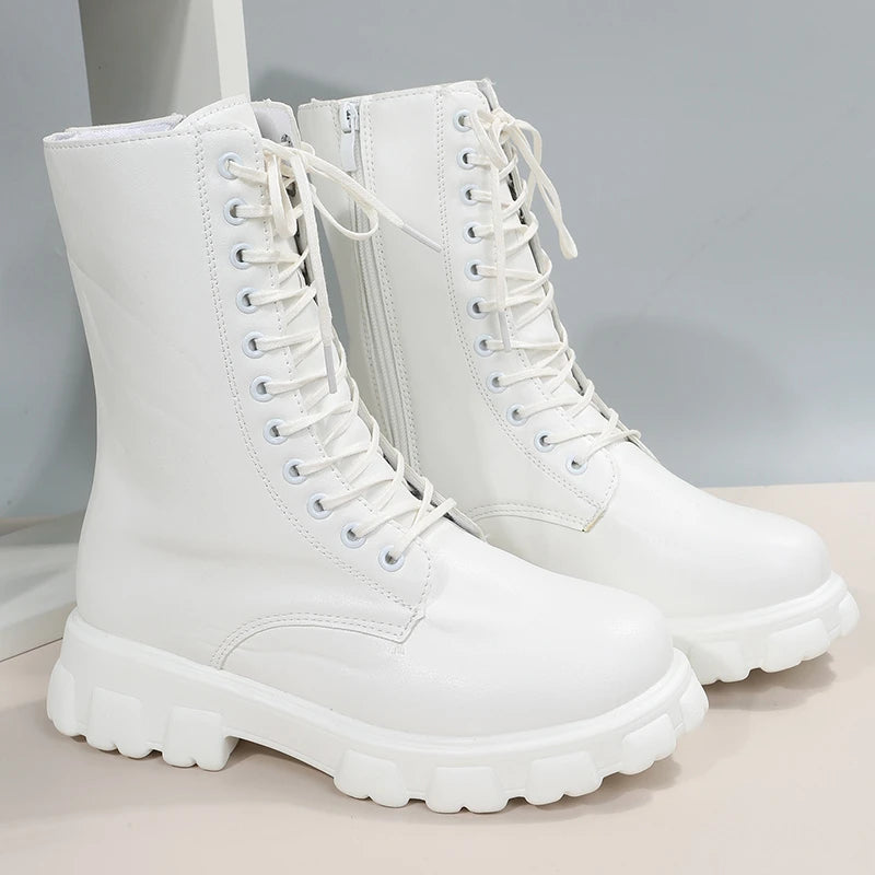 Autumn Winter PU Leather White Ankle Boots Motorcycle Botines Female Chunky Heels Platform Boots Botas Mujer