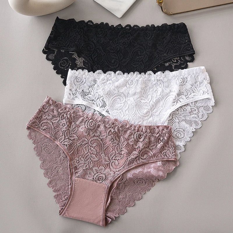Luxury Floral Embroidery Lace Panties Women Briefs Sexy Hollow 3PCS Lingerie Female Underwear Ladies Breathable Underpants
