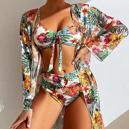 Sexy High Waisted Bikini 3 Pieces Floral Printed Swimsuit Size 3XL-S Women Bikini Set With Mesh Long-Sleeved Blouse Super Sales