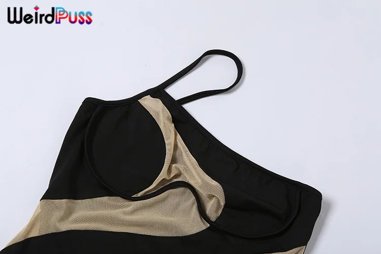 Weird Puss Beach Style Women Bikini 2 Piece Set Sexy Mesh Patchwork One Shoulder Bra Top+Bandage Briefs Vacation Trend Clubwear