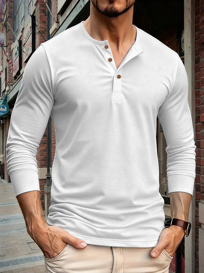 Autumn Men Button Long Sleeve Henley Neck T-Shirt Solid Color Casual Breathable Tops Street Tees Versatile Fashion Slim T-Shirts