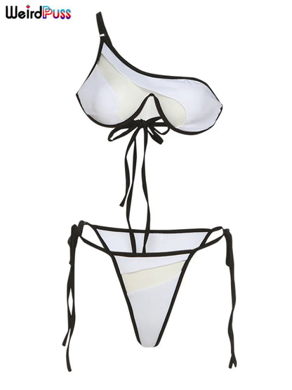 Weird Puss Beach Style Women Bikini 2 Piece Set Sexy Mesh Patchwork One Shoulder Bra Top+Bandage Briefs Vacation Trend Clubwear