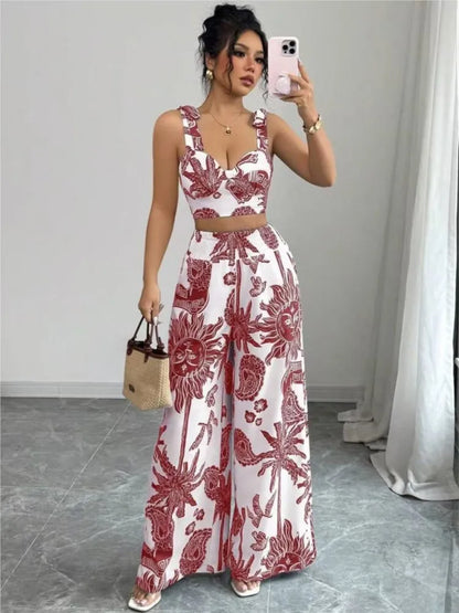 Sexy Strapback Halter Tops Long Pants Female 2-piece Set Summer Fashion Printed Wide-leg Pocket Trousers Elegant Women's Suit